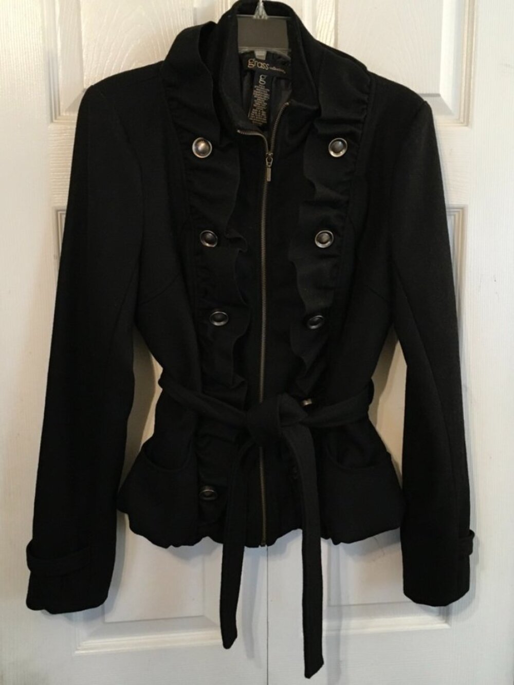 Grass Collection Black Ruffle Front Wool Blend Pea Coat